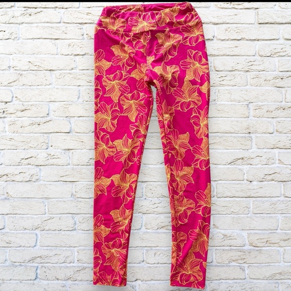 2for$15 3for$20 NEW LuLaRoe Leggings - pink with yellow and orange hibiscus - Picture 1 of 3